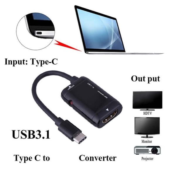 Svart USB 3.1 Typ C Han till 1080P High Definition Multimedia Interface Hon Videoadapter Konverteringskabel för Typ C Smarttelefon