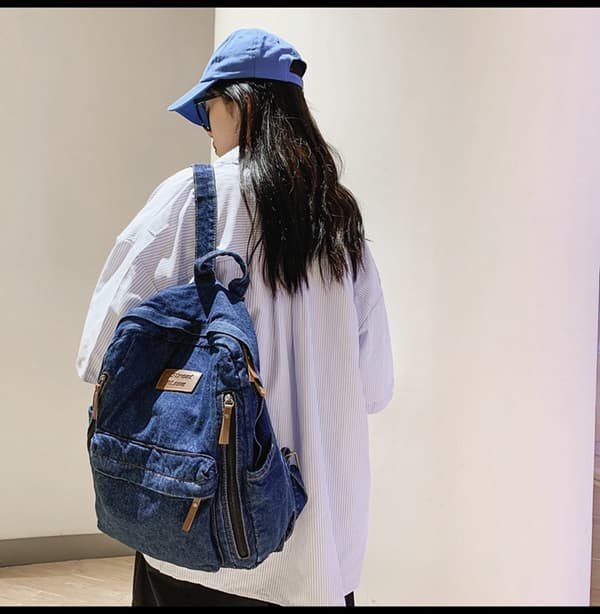 High School Student Backpack with Large Capacity Denim Trendy Matching Backpack for Travel BLUE-1