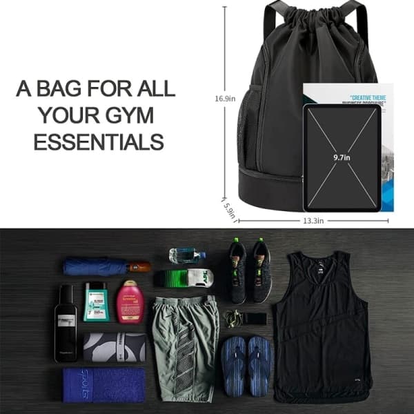 Sports Backpack Football Drawstring Backpack Gym Backpack Multiple Pockets for Travel Hiking Black