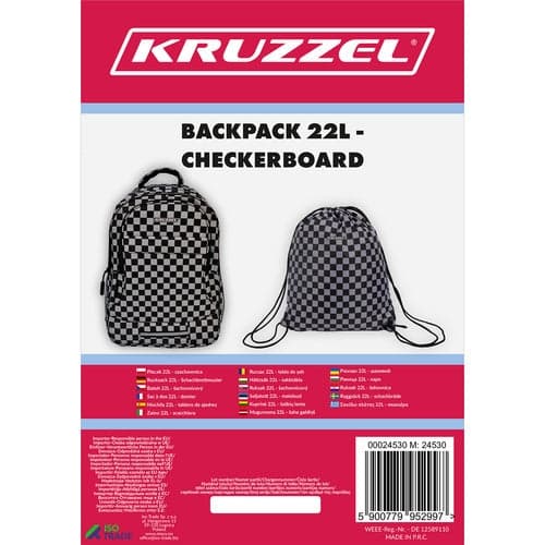 Backpack 22L with laptop compartment and shoe bag, black checkered 600D Oxford