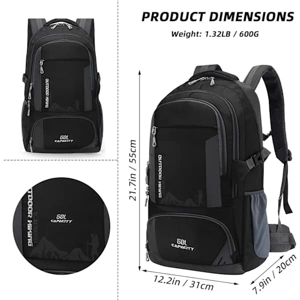 60L Waterproof Hiking Backpack Lightweight Camping Backpack Men Women Durable Daypack (Black, 60L)_yux