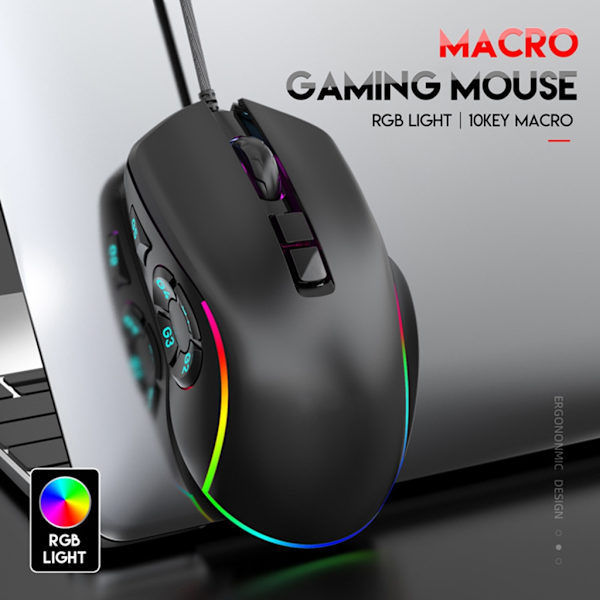 Högprecisions Gamingmus 10 Programmerbara Knappar 6400DPI Ergonomisk Design