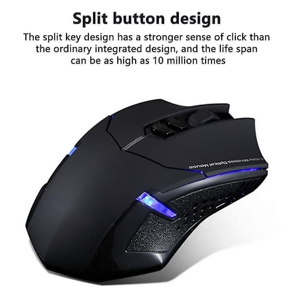 Trådlös Gamingmus med Andningsbelysning, 2 Programmerbara Sidoknappar, 2000 DPI, Ergonomiska Grepp 7-knappsdesign Svart