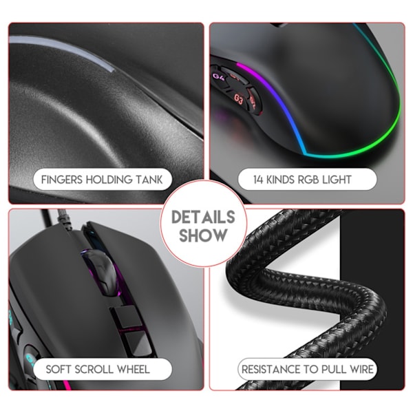 Högprecisions Gamingmus 10 Programmerbara Knappar 6400DPI Ergonomisk Design
