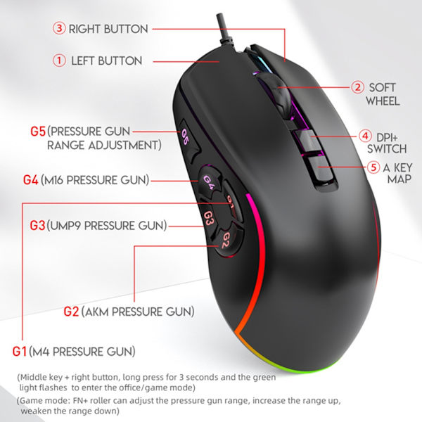 Högprecisions Gamingmus 10 Programmerbara Knappar 6400DPI Ergonomisk Design