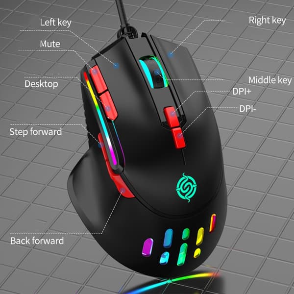 RGB USB-kabelansluten Gamingmus Makroprogrammering 6400DPI 9 Programmerbara knappar Black 0.3