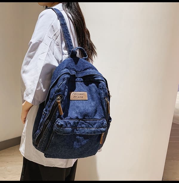 High School Student Backpack with Large Capacity Denim Trendy Matching Backpack for Travel BLUE-1