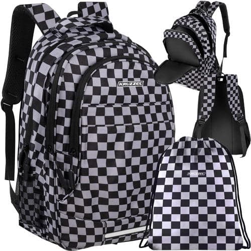 Backpack 22L with laptop compartment and shoe bag, black checkered 600D Oxford