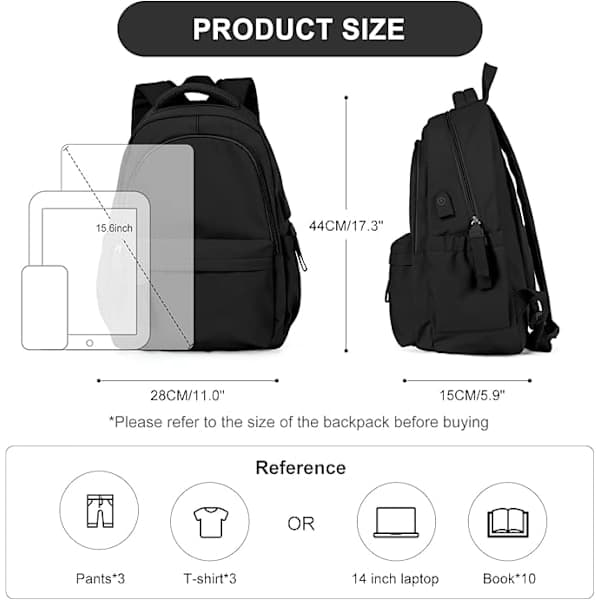 Laptop Backpack, Waterproof Laptop Backpack with 14-inch USB Charging School Bag Black Black