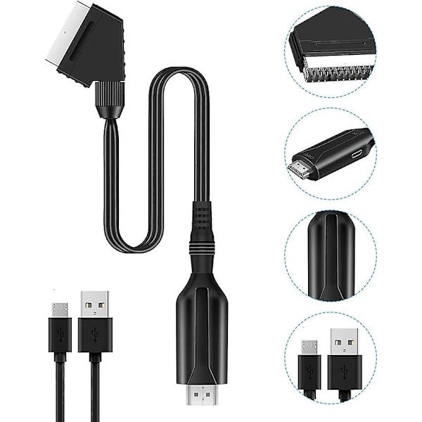 SCART til HDMI-adapter, SCART til HDMI-konverter med HDMI-kabel for 720P/1080P Full HD TV, lydvideo for Blu-ray DVD-spillere STB VHS Xbox PS3