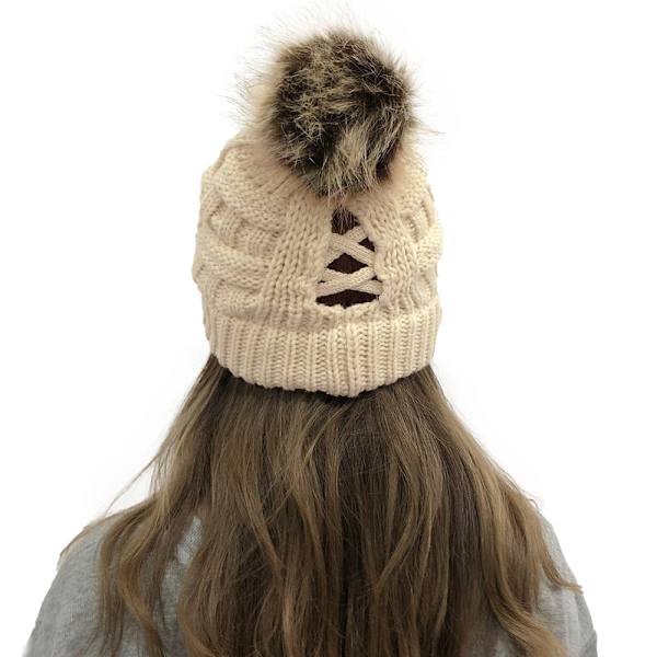 Vintermössa för kvinnor, hårskyddsmössa kabelstickad mjuk mössa med satin foder, snömössor för kvinnor, beige