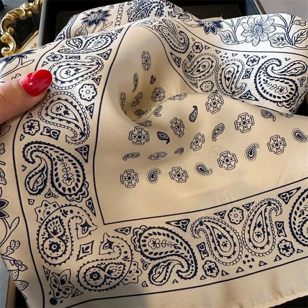 Paisley Patterned Blue and White Square Silk Scarf, 68 cm.