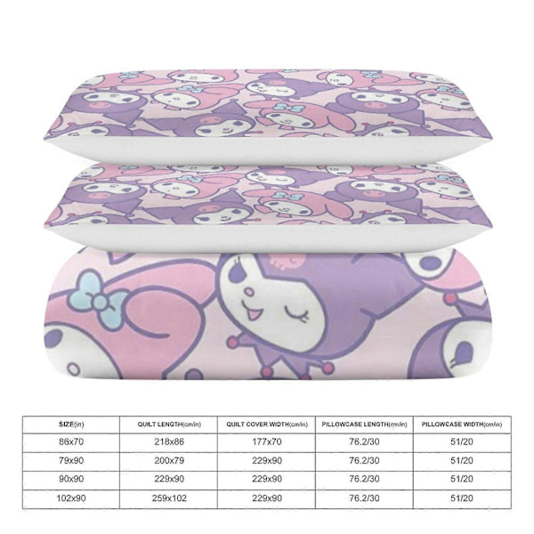 c87 Kuromi ja My Melody Pussilakanasetti 3-osainen Vuodevaatesetti Pehmeä Lämmin ja Mukava Pehmeä Sängynpeite 1 Pussilakanalla ja 2 Tyynyliinalla Makuuhuoneeseen A 135x200cm 53x78in