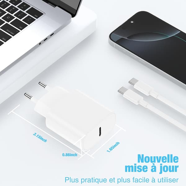 Fast USB-C Charger for iPhone 17/16/15, USB-C Fast Charging Adapter with 2m USB-C Cable, Compatible with iPhone 17/16/15 Pro, Pro Max