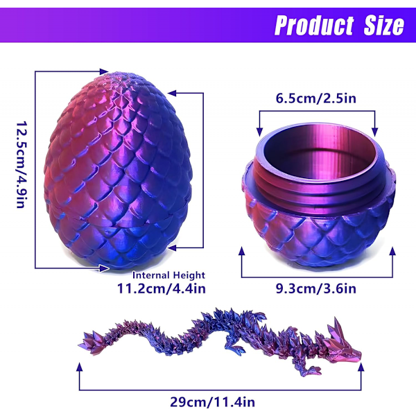 Pääsiäislohikäärmeet 3D-tulostetut lohikäärmemunat lohikäärmeen sisällä Kristallilohikäärme Fidget-lelu aikuisille täysin nivelletylle lohikäärmeelle Kotitoimistokoristeluun Violetti Purple