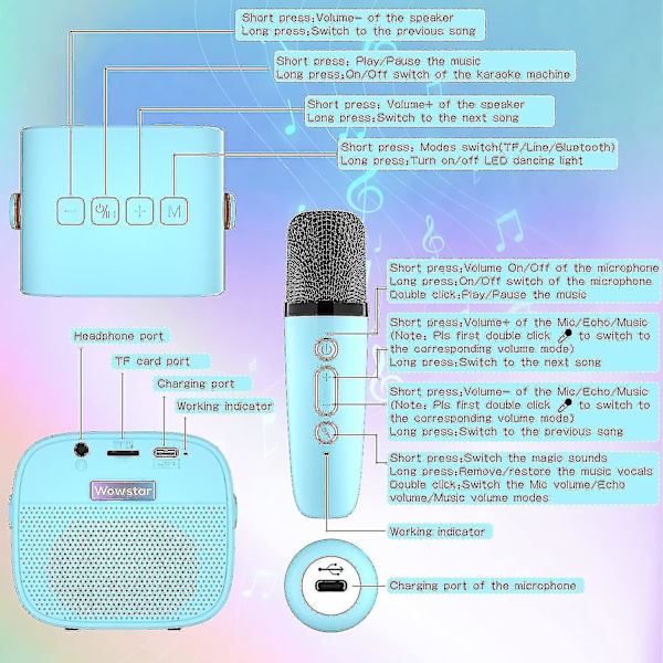 Karaokemaskine til børn med 2 trådløse mikrofoner, bærbar karaokemaskine med Bluetooth til børn, voksne, stemmeændrende effekter og LED-lys