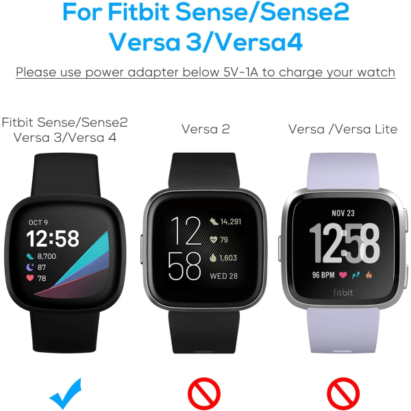 2-pak opladningskabler kompatible med Fitbit Sense/Sense 2 og Versa 4/Versa 3 smartwatches (3,3/1ft)