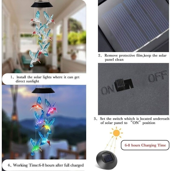 Solar Ljusslinga Sol Vindspel Färgskiftande Kolibri Vattentät LED Mobil Sollampa