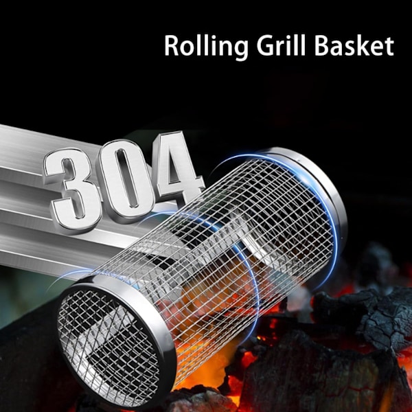 Ny 2024 rustfritt stål rullende grillkurv - Bærbar 12 tommers grillverktøy for utendørs matlaging. Non-Stick grønnsaksgrillkurv. 20x9cm 20x9cm