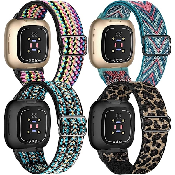 4-pakning elastiske nylonbånd kompatible med Fitbit Versa 3 / Fitbit Sense, justerbare elastiske stoff smartklokker sportsbånd（BohoRainbow/Green Arrow