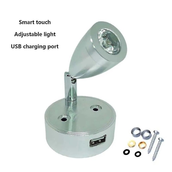 DC12v 24v RV Marine LED-læselampe Fleksibel væglampe til soveværelsesdekoration RV-lampe med USB-oplader-Xin（Cool White B-Silver）