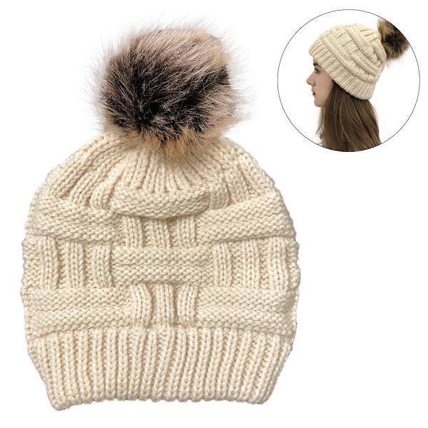 Vintermössa för kvinnor, hårskyddsmössa kabelstickad mjuk mössa med satin foder, snömössor för kvinnor, beige