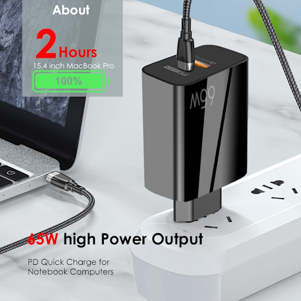 65W GaN Hurtigoplader med USB C-kabel, til mobil og MacBook Pro