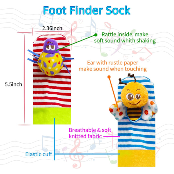 4 st mjuka baby-skallror, handledss skallror och sockleksaker