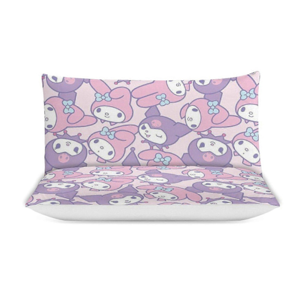c87 Kuromi ja My Melody Pussilakanasetti 3-osainen Vuodevaatesetti Pehmeä Lämmin ja Mukava Pehmeä Sängynpeite 1 Pussilakanalla ja 2 Tyynyliinalla Makuuhuoneeseen A 135x200cm 53x78in