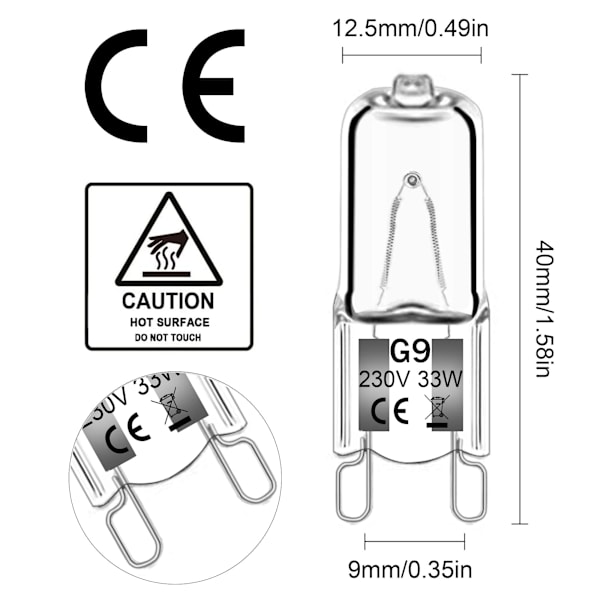 12-pakning G9 halogenlamper 33W 230V 2800K varm hvit 380lm, klar kapsel halogenlamper Dimbar, ingen blits, ingen flimmer