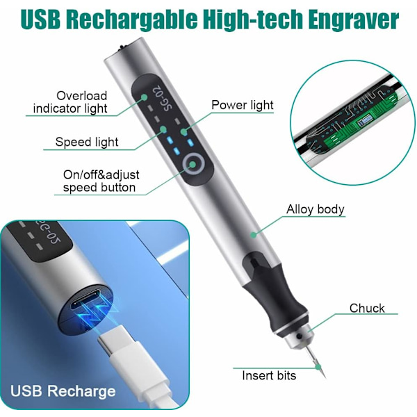 USB-graveringsmaskine, genopladelig mini-graveringsmaskine, graveringsmaskine med graveringstilbehør, trådløst trægraveringssæt til metal, glas, sten, smykker