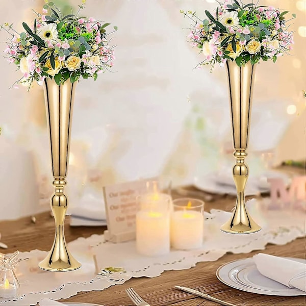 Set med 2 Guld Metall Trumpetvaser för Bord, Jubileum, Middagsbjudning, 55,5 cm