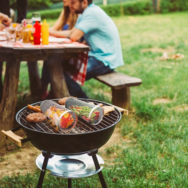 1 stk rustfritt stål mesh sylindrisk BBQ-kurv