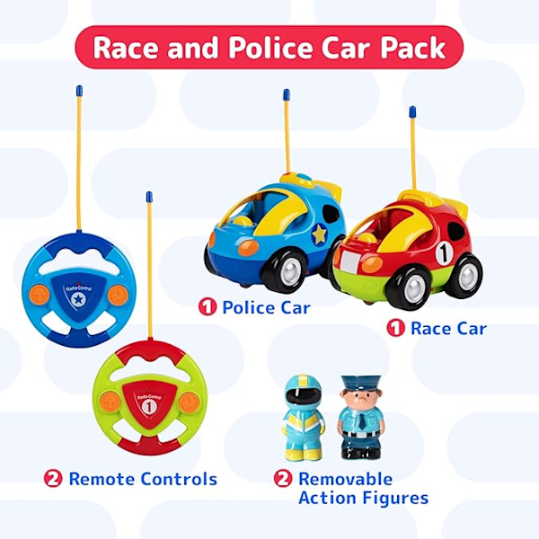 2-pakkaus sarjakuva RC-autoja taaperoille, poliisi- ja kilpa-autoleluja pojille ja tytöille