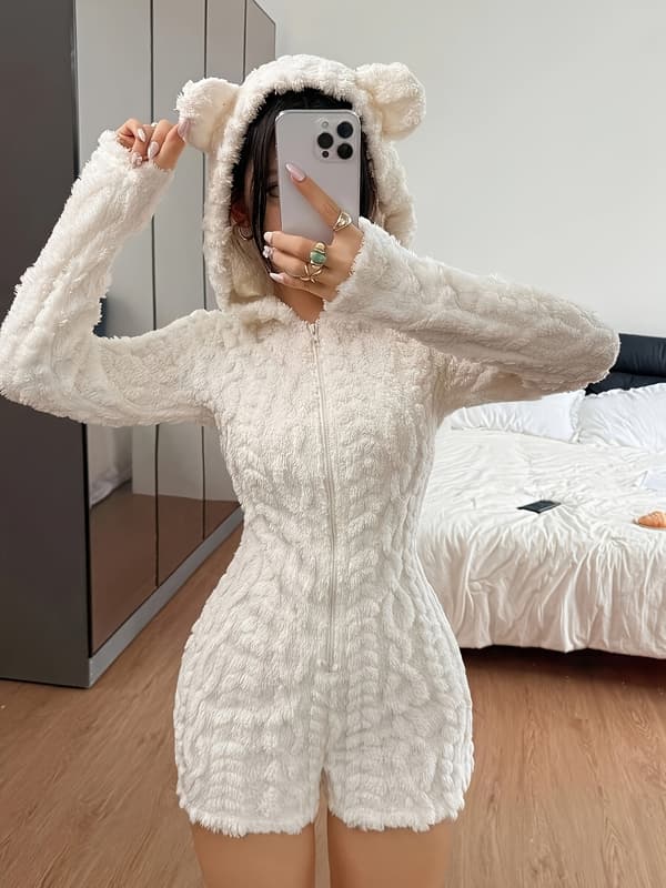 Bodysuit med dyrehætte til kvinder med sløjfe-broderi, Vinterfleece-heldragt XS Off-white