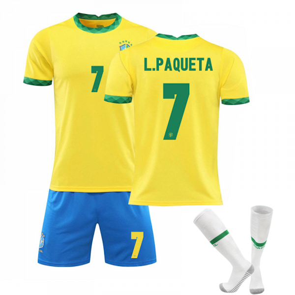 Brasil Hjem Gul Trøye Sett Barn Voksen Fotballtrøye Treningstrøye No.7 L.PAQUETA No.7 L.PAQUETA No.7 L.PAQUETA 24