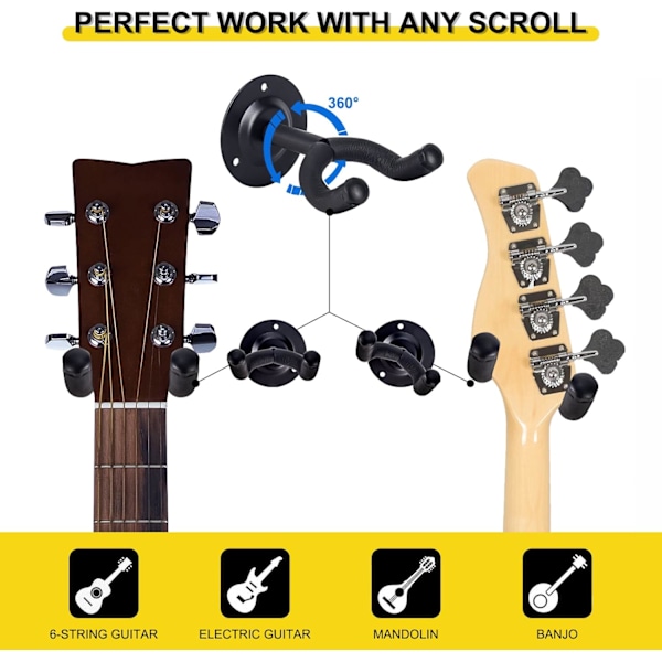 2-PACK Gitarrväggfäste, Svart Metall Väggmonterat Gitarrställ Hängare Hållare Ställ för Akustisk Elgitarr Bas Folkgitarr Ukulele Mandolin Banjo