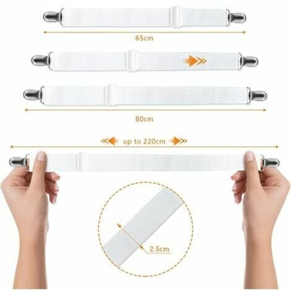 Elastisk Lakanssträckare, Justerbar Fästklämma med Klämmor för Lakans, Soffa, Överdrag (Vit, 4-pack, Utökad Sektion)