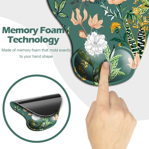 Ergonomisk Musmatta med Handledsstöd, Söta Musmattor med Halkfri PU-Bas för Hemmakontor, Arbetsstudier, Enkel Skrivning & Smärtlindring Mörkgrön Floral Dark Green