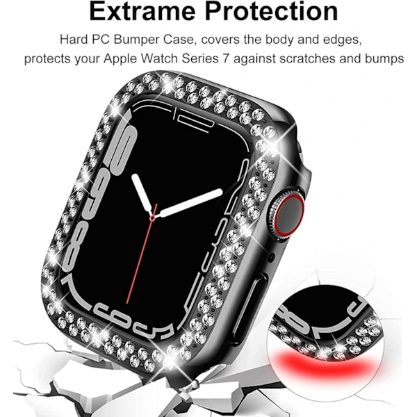 Ylellinen Kristalli Strassi Kova PC-kehyskotelo Apple Watch Series 7 41mm:lle, Apple Watch Series 7 - Ympäriinsä Suojakotelo (Musta)