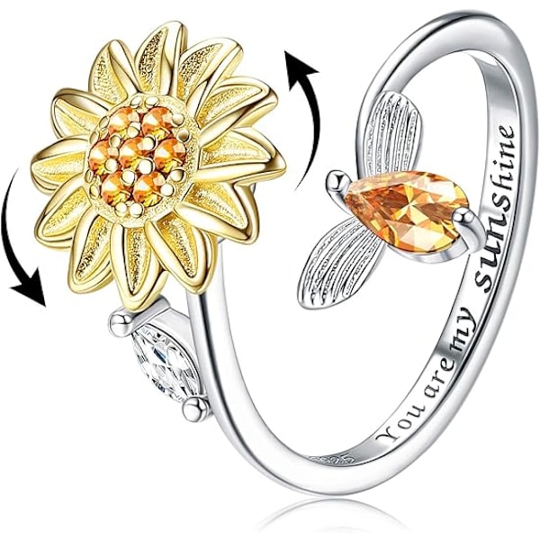 S925 Sterling Sølv Fidget Ringe til Kvinder Justerbar Åben Ring Cubic Zirconia Solsikke Du Er Mit Solskin Ring Spinner Gave til Valentinsdag