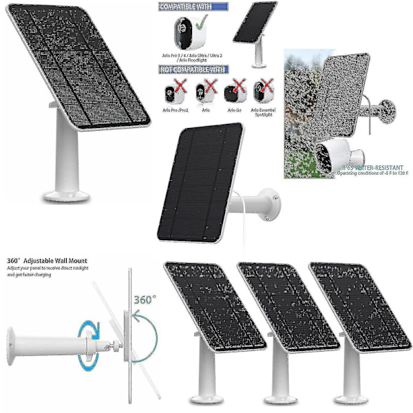 Solcellelader for Arlo Ultra/Ultra 2/Pro 3/Pro 4/Pro 3 Spotlight/Go 2 4W