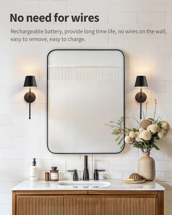 Wireless Wall Sconces 2-pack, LED Lamps with Rechargeable Battery, Stepless Dimmer with Remote Control Black
