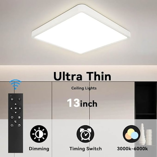 LED Loftlampe 36W Dæmpbar - 3 Farvetemperaturer, Timer, Nattilstand - Til Soveværelse, Badeværelse, Køkken - Hvid 30x30cm [Energiklasse E]