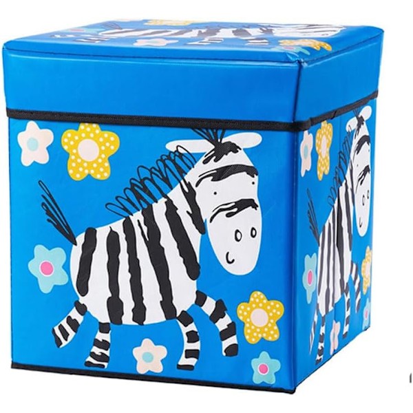 Foldbar tegneserie opbevaringsskammel med aftageligt låg, sød fodskammel, sæde opbevaringskube/boks/beholdere til hjemmet, soveværelset, kollegiet (blå zebra)
