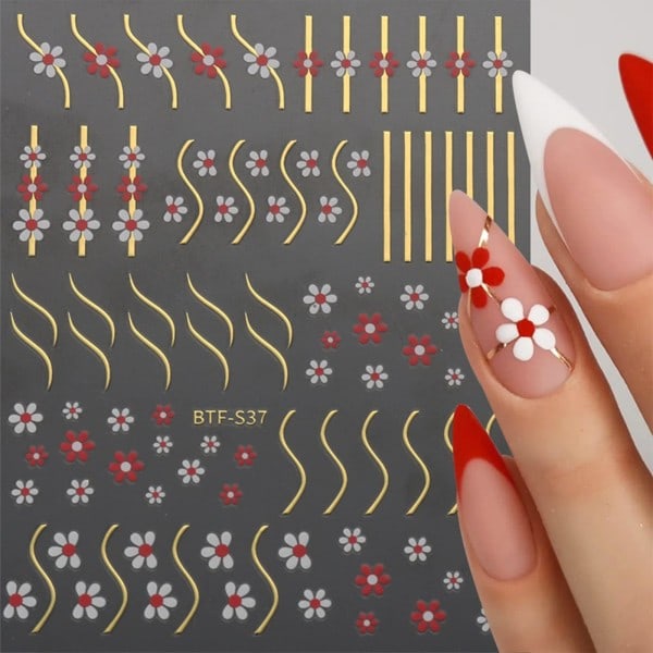 9 ark Blomma Nail Art Stickers Dekaler Självhäftande Vår Sommar Färgglada Blomsterlinje Nageltillbehör Nail art Design Dekoration Tillbehör