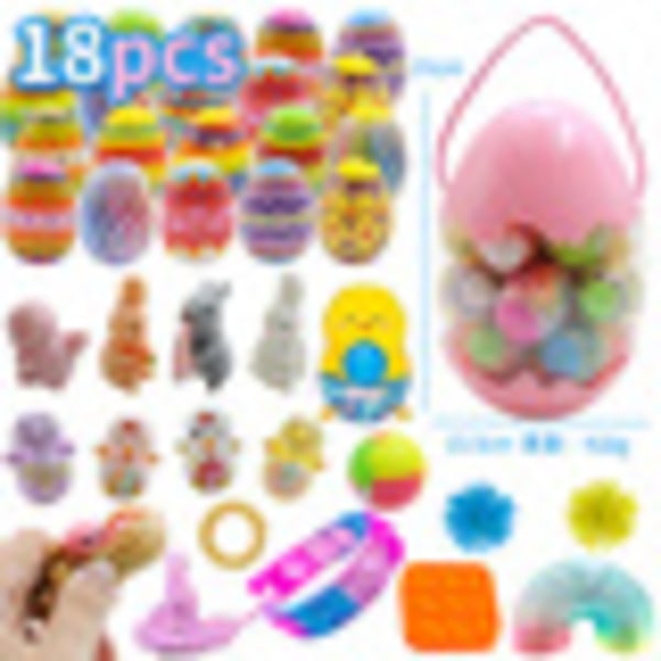 18 ferdigfylte påskeegg fylt med 18 squishy leker for barn, påskeegg til å fylle til påske, for påsketema, fest, jakt, påskekurver