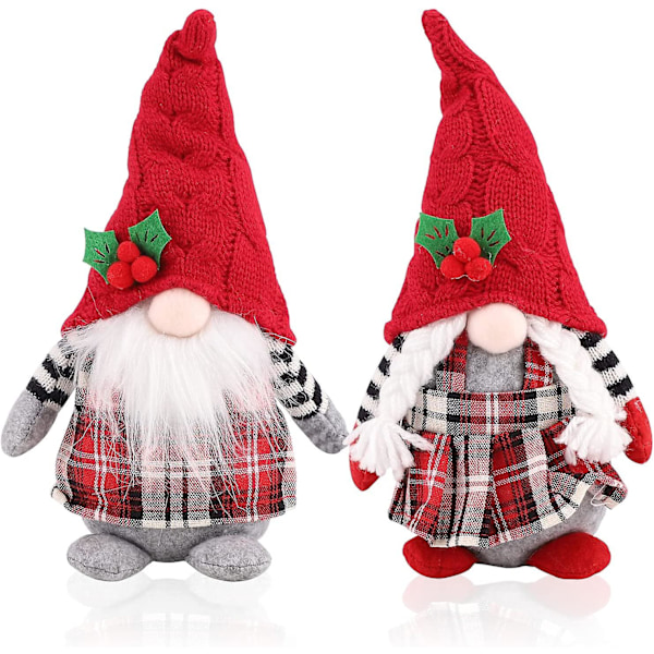 2-pakkauksen punainen ruudullinen plushi-joulupukki, 11,8 tuuman joulukoristeet punaisilla marjoilla Gonk Santa Elf, koriste