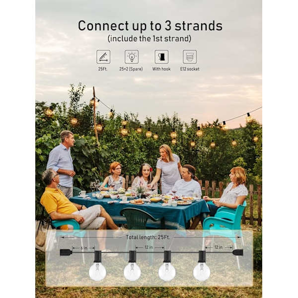 25 fot G40 Globe utendørs strenglys Vanntett koblingsbart hengende lys til veranda Balkong Festdekor, E12 Sokkelsokkel, svart