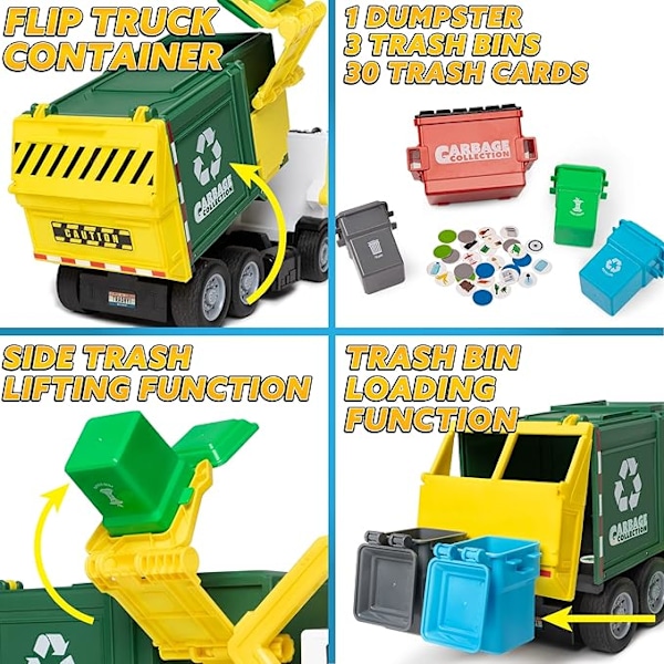 JOYIN Suuri kitkavoimalla toimiva roska-autolelusetti, sisältää roskalavan, roskakorit ja oppimiskortit lapsille